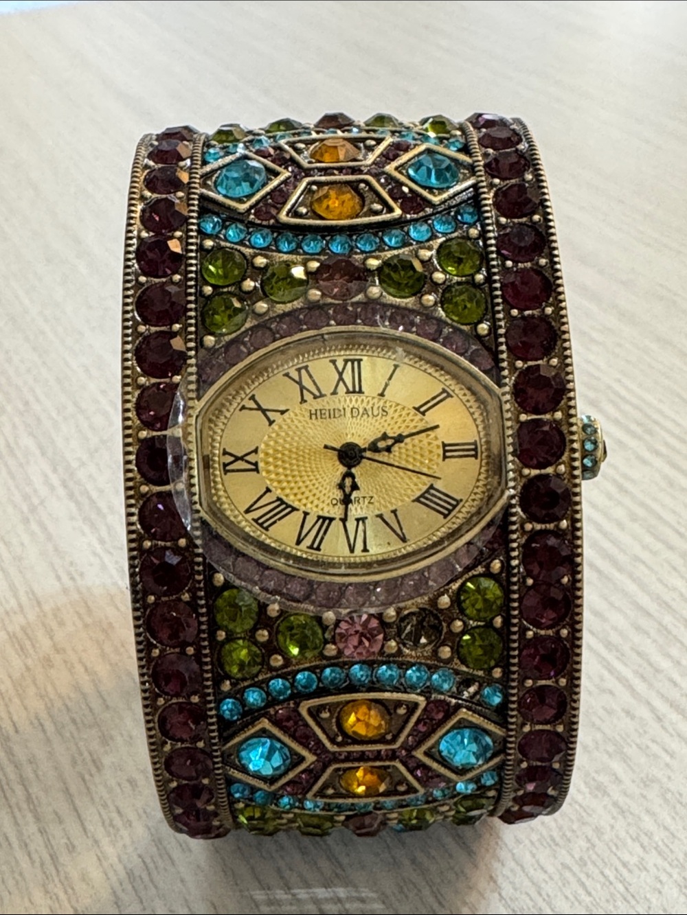 Heidi Daus Multicolored Crystal Jeweled Cuff Bracelet Watch